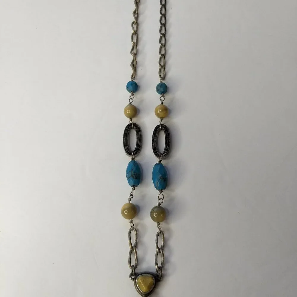 Lia Sophia Blue Faceted Pendant Necklace Silver Tone Mustard Stones Links Y2K